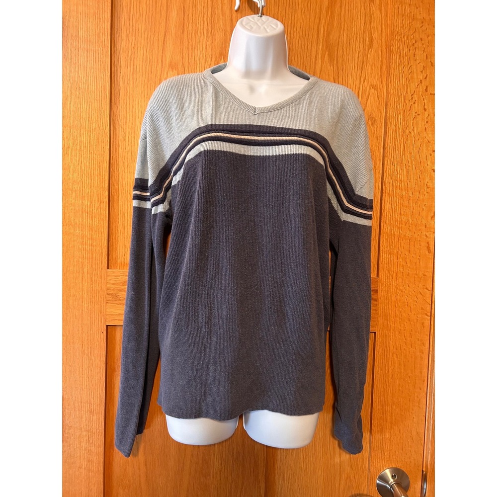 Vintage 90s Xhilaration V-Neck Sweater Blue Striped Ribbed Knit Pullover Unisex